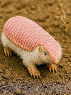 Pink fairy armadillo with pink shell and white fur on sandy ground
