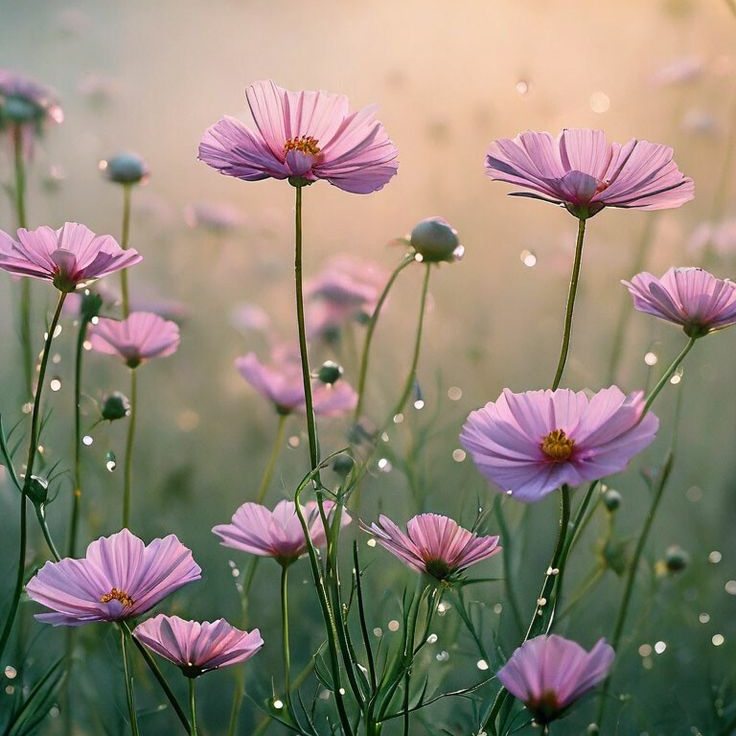 Soft pink wildflowers with dew drops in a dreamy blurred field