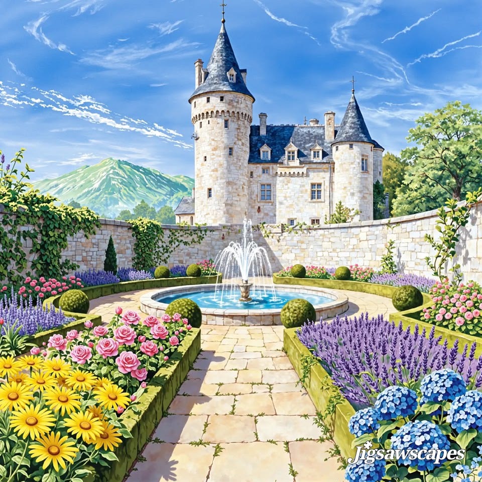 Illustrated castle with central tower, formal garden, fountain, and vibrant flower beds under a blue sky