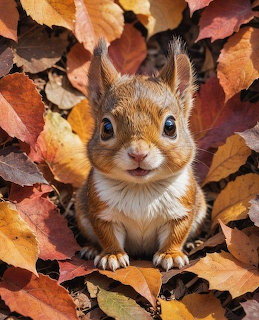 Small squirrel sitting among orange and brown autumn leaves