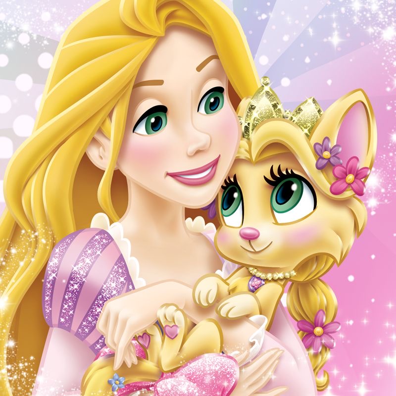 Disney's Rapunzel smiling and holding a golden kitten with a crown in a sparkly pink scene