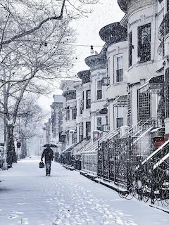 Person with umbrella walking down a snowy Brooklyn street lined with white brownstone buildings