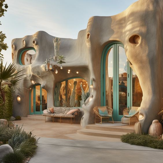 White organic cob house with rounded walls, teal-framed doors, and a desert courtyard
