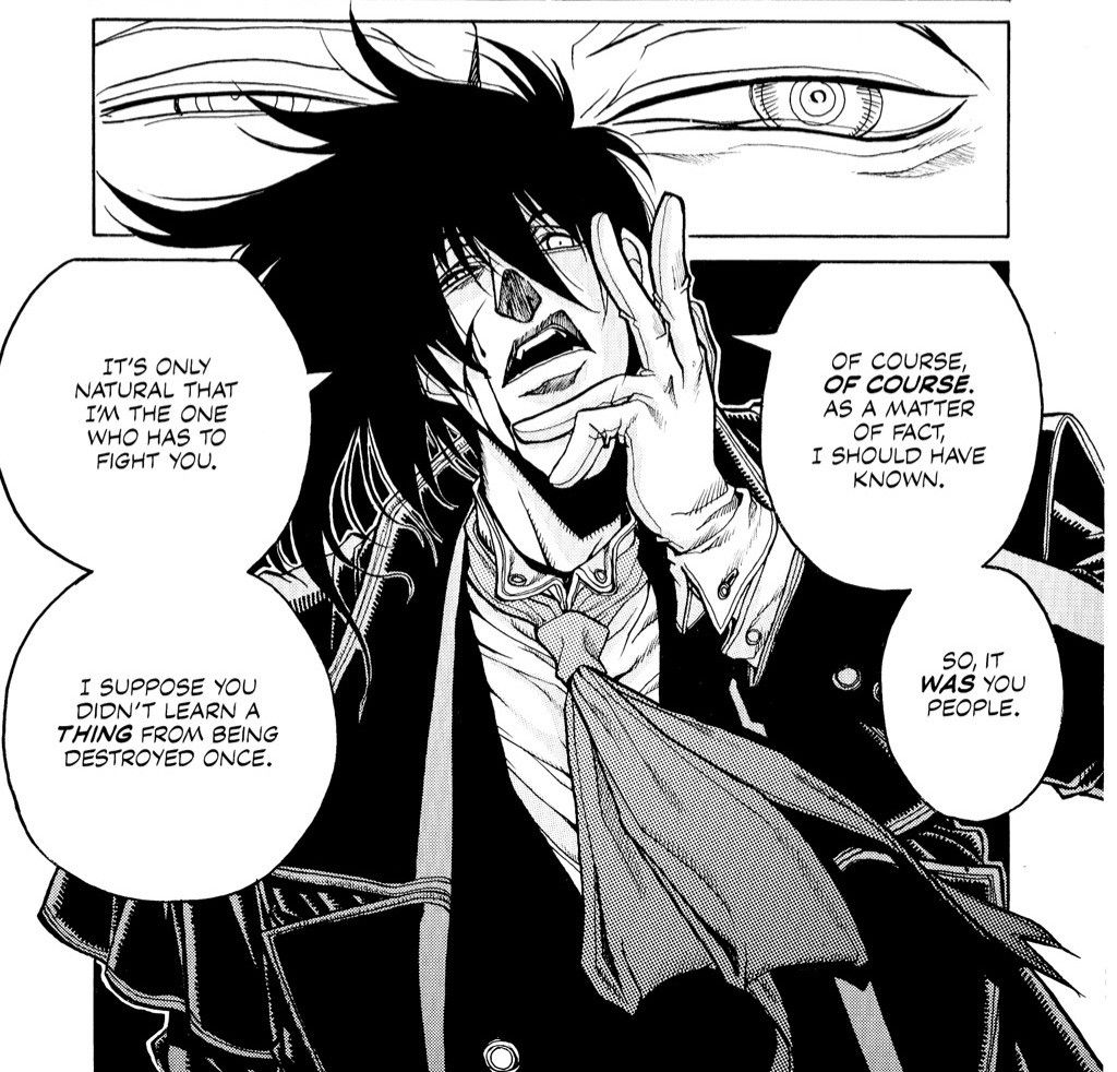 Black-and-white manga panel of a long-haired character in a suit with speech bubbles