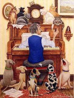 Woman playing upright piano with several dogs sitting around her in vintage room