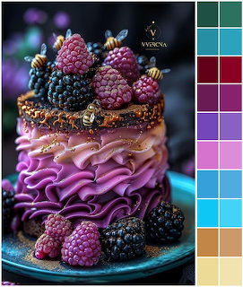 Chocolate layer cake with pink ruffled frosting and fresh berries on top
