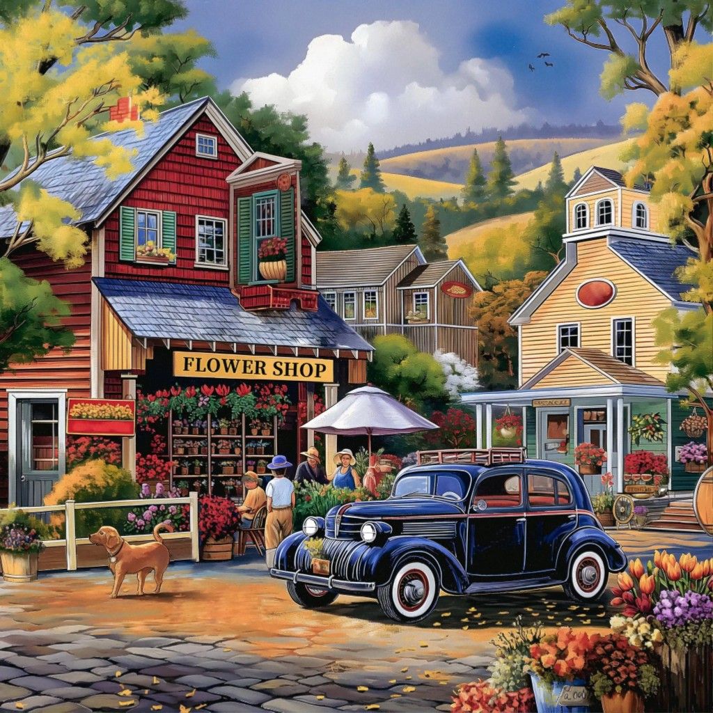 Vintage car in front of flower shop in quaint village with autumn trees and hills