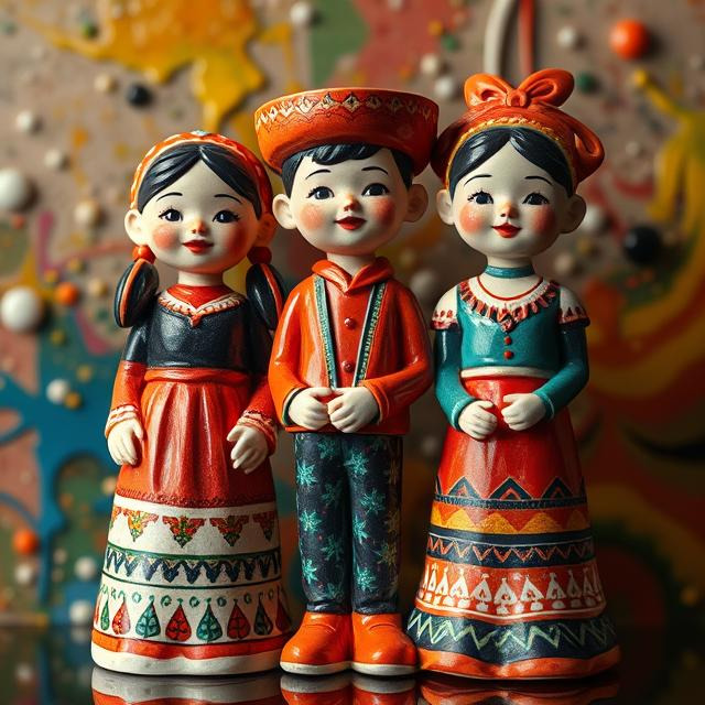 Three ceramic folk figurines in traditional dress with colorful patterns and painted details
