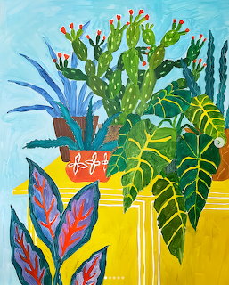 Colorful painting of potted tropical plants on yellow shelf with blue wall background