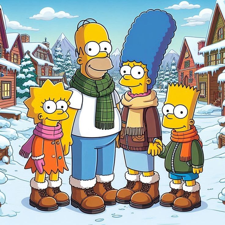 The Simpsons family in winter clothes standing in a snowy village