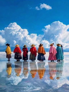 Row of Bolivian women in colorful traditional clothing reflected on a salt flat under blue sky with clouds