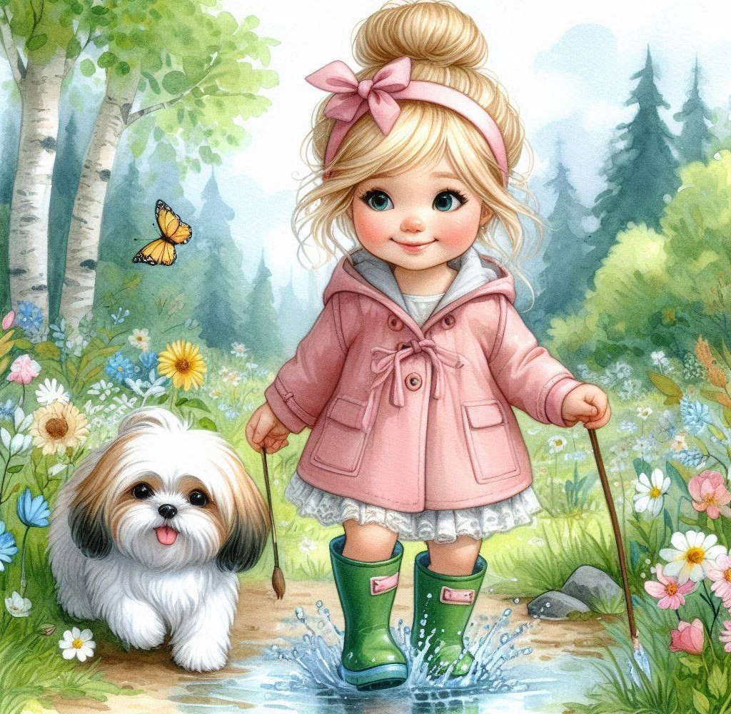 Illustrated girl wearing pink coat and green boots with small white dog in forest garden with flowers and butterfly