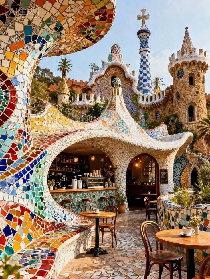 Colorful mosaic courtyard with tiled arches, stone towers, and café tables
