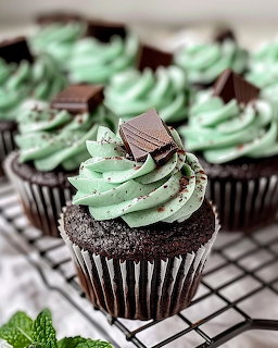 Chocolate cupcakes with swirled mint green frosting and chocolate bar pieces on a cooling rack