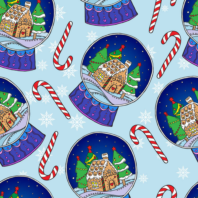 Christmas pattern with snow globes, gingerbread houses, candy canes, and snowflakes