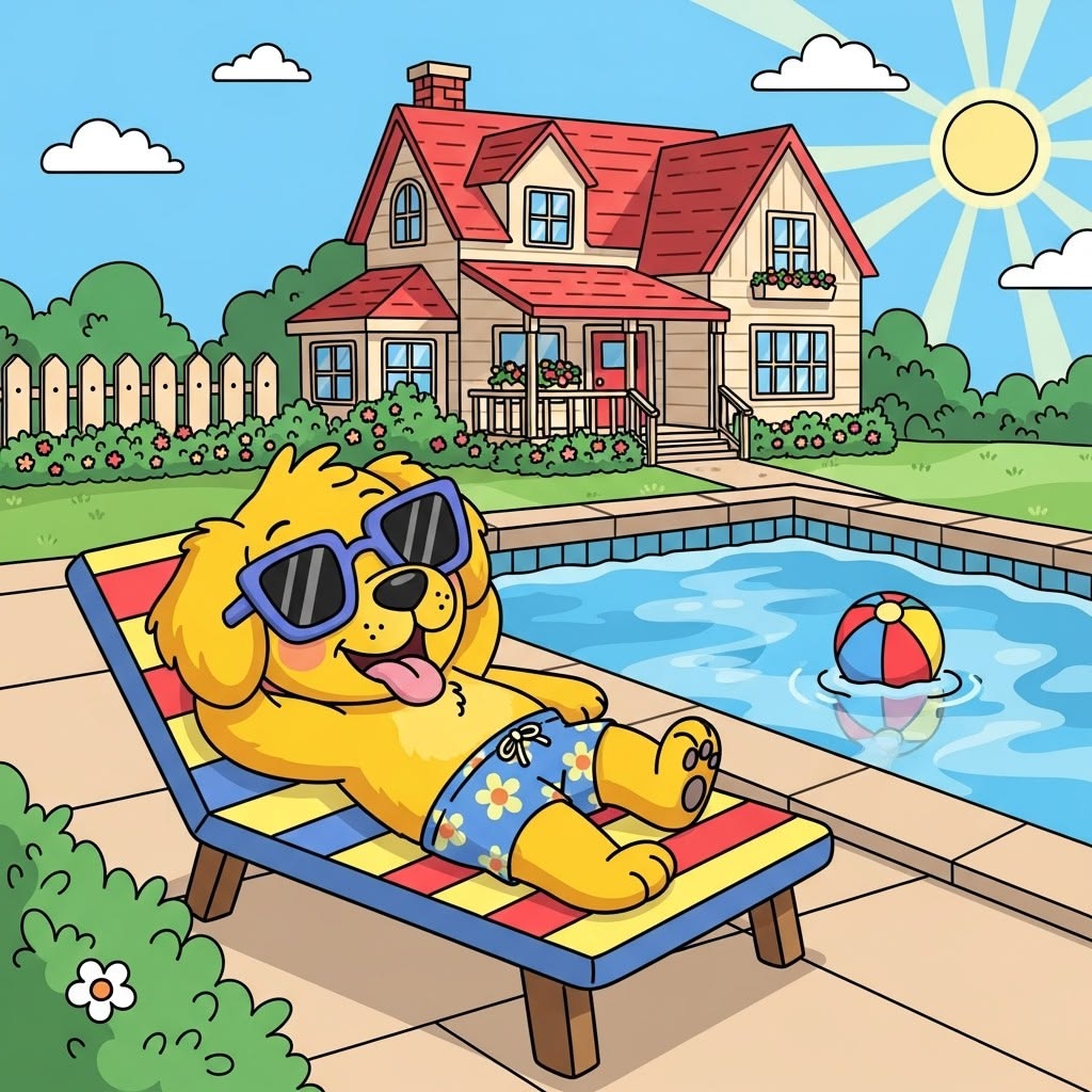 Cartoon dog in sunglasses lounging by a backyard pool near a house
