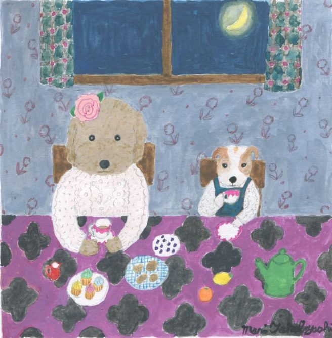 Painting of two dogs at a table with candy, cookies, and a green teapot under a window