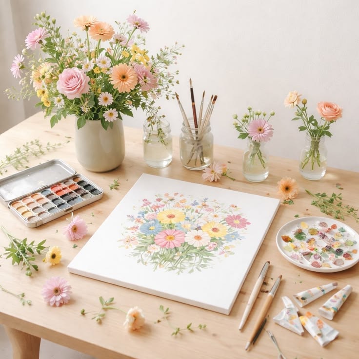 Watercolor floral painting on desk surrounded by fresh flowers, paint supplies, and brushes in natural light