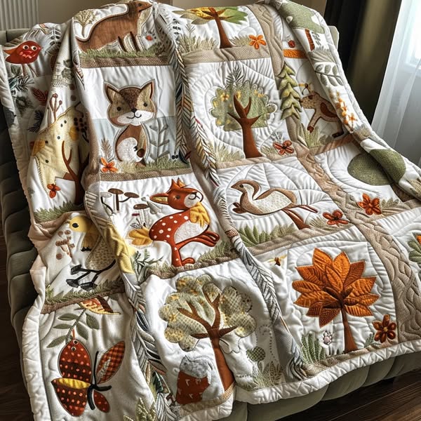 Quilted blanket with embroidered forest animals and nature motifs draped over furniture