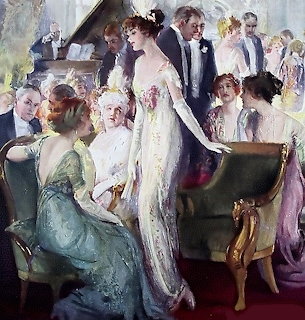 Victorian wedding painting showing bride in white gown with veil surrounded by elegantly dressed guests