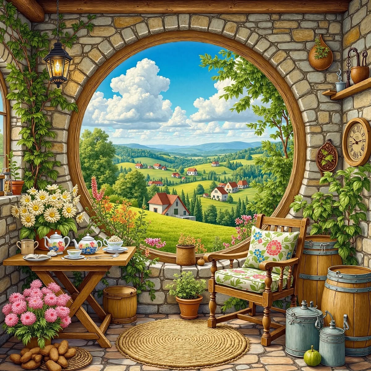 Stone cottage interior with round window overlooking sunny countryside, flowers and wicker furniture