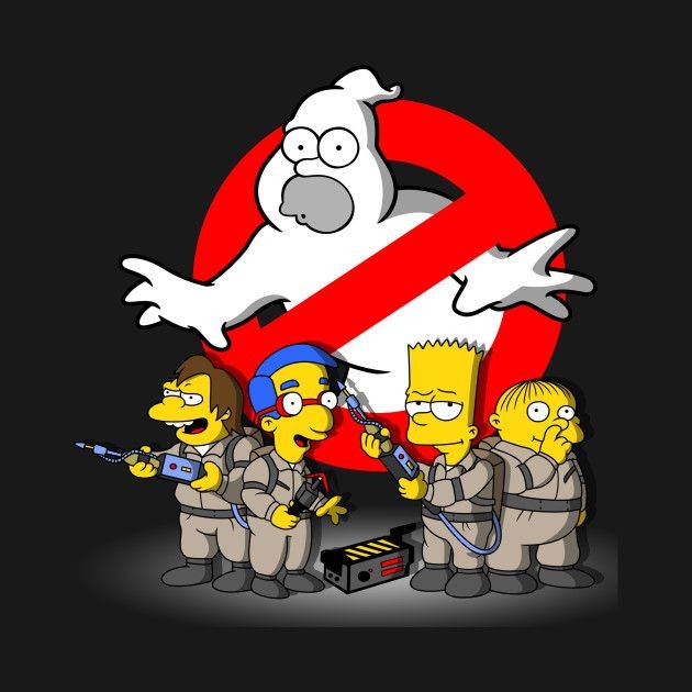 Simpsons characters dressed as Ghostbusters with proton packs in front of a ghost logo