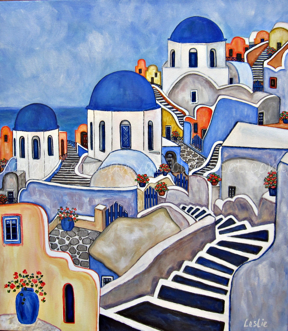 Naive art painting of Greek village with blue-domed churches and white buildings