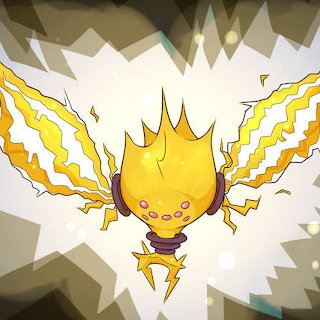 Illustration of Regieleki with yellow lightning arms on a white shattered background