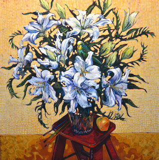 Parakeet and Lilies by Leslie Shiels