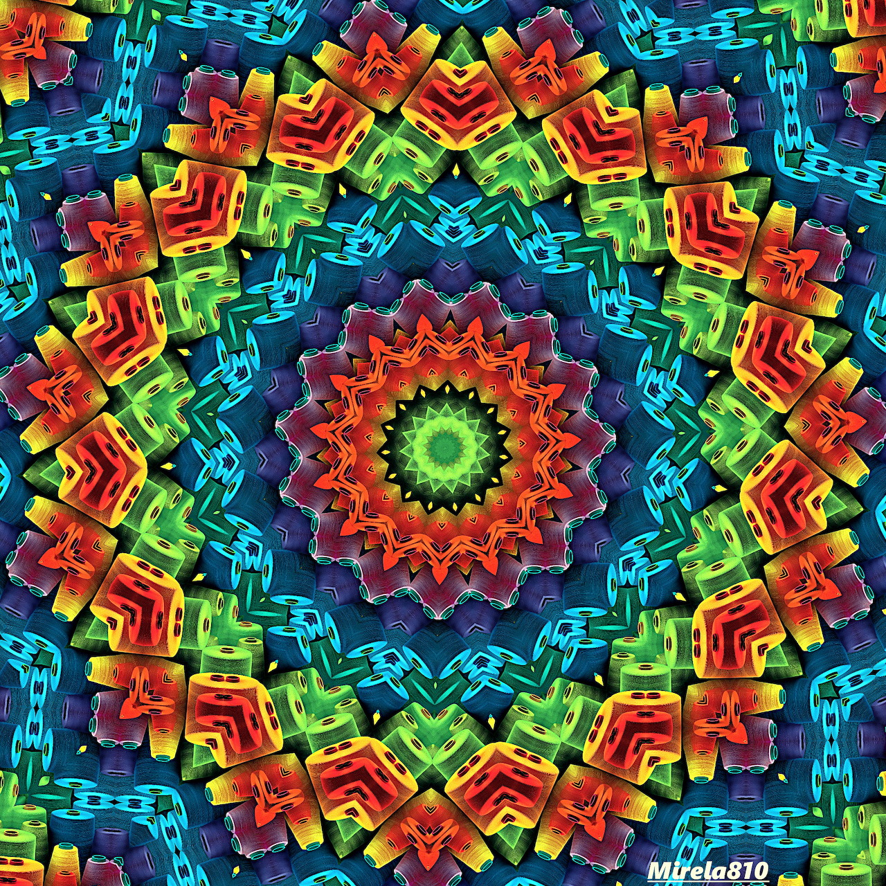 Colorful symmetrical mandala with rainbow geometric patterns radiating from orange center to blue outer edges