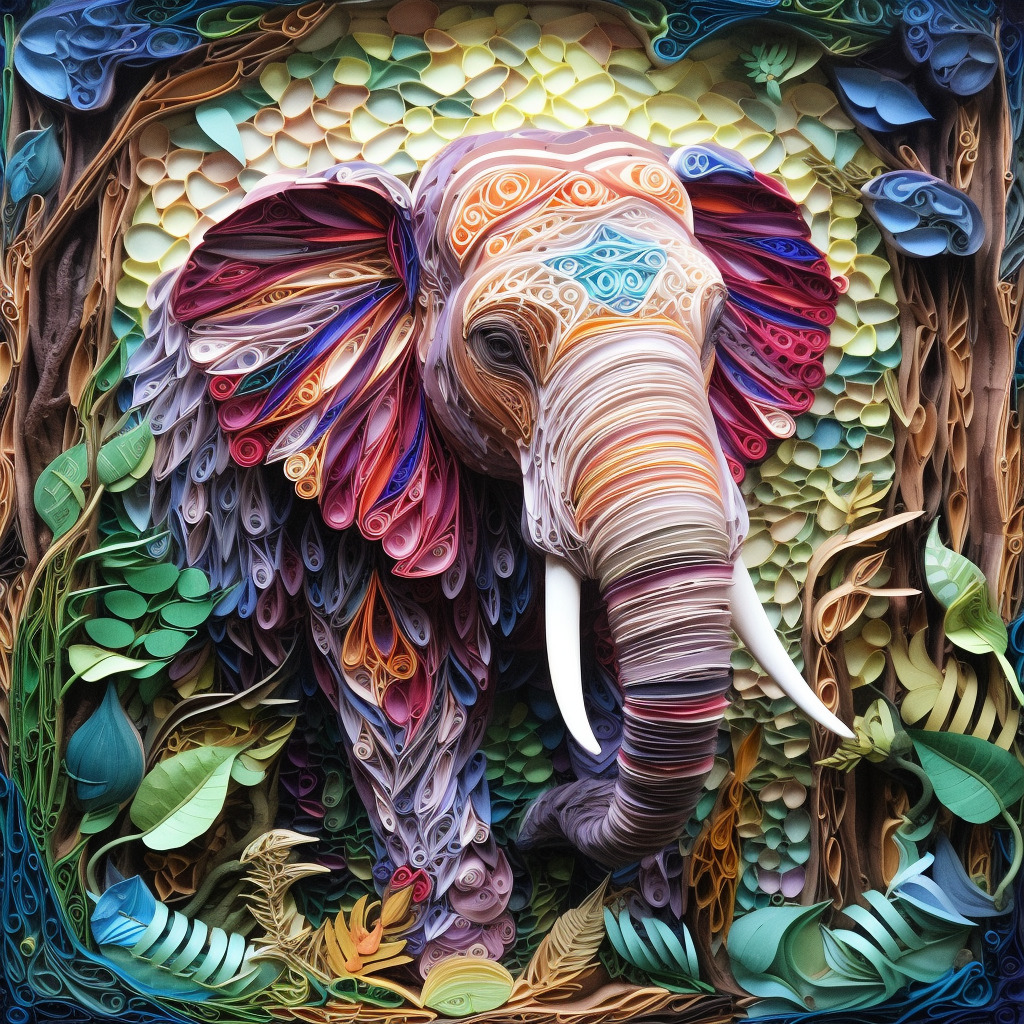 Colorful paper quilling art of an elephant with rainbow ears in a jungle setting with layered foliage frame