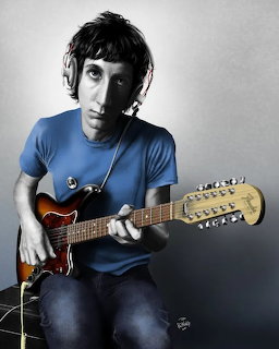 Young man in blue t-shirt holding a 12-string electric guitar in a colorized portrait photo