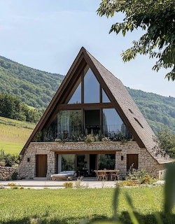 Modern A-frame house with triangular glass facade and stone walls surrounded by green hills