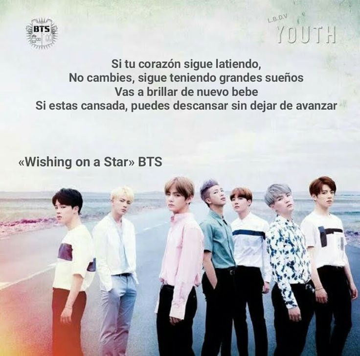 BTS group image with a Spanish quote and the text Wishing on a Star above seven members