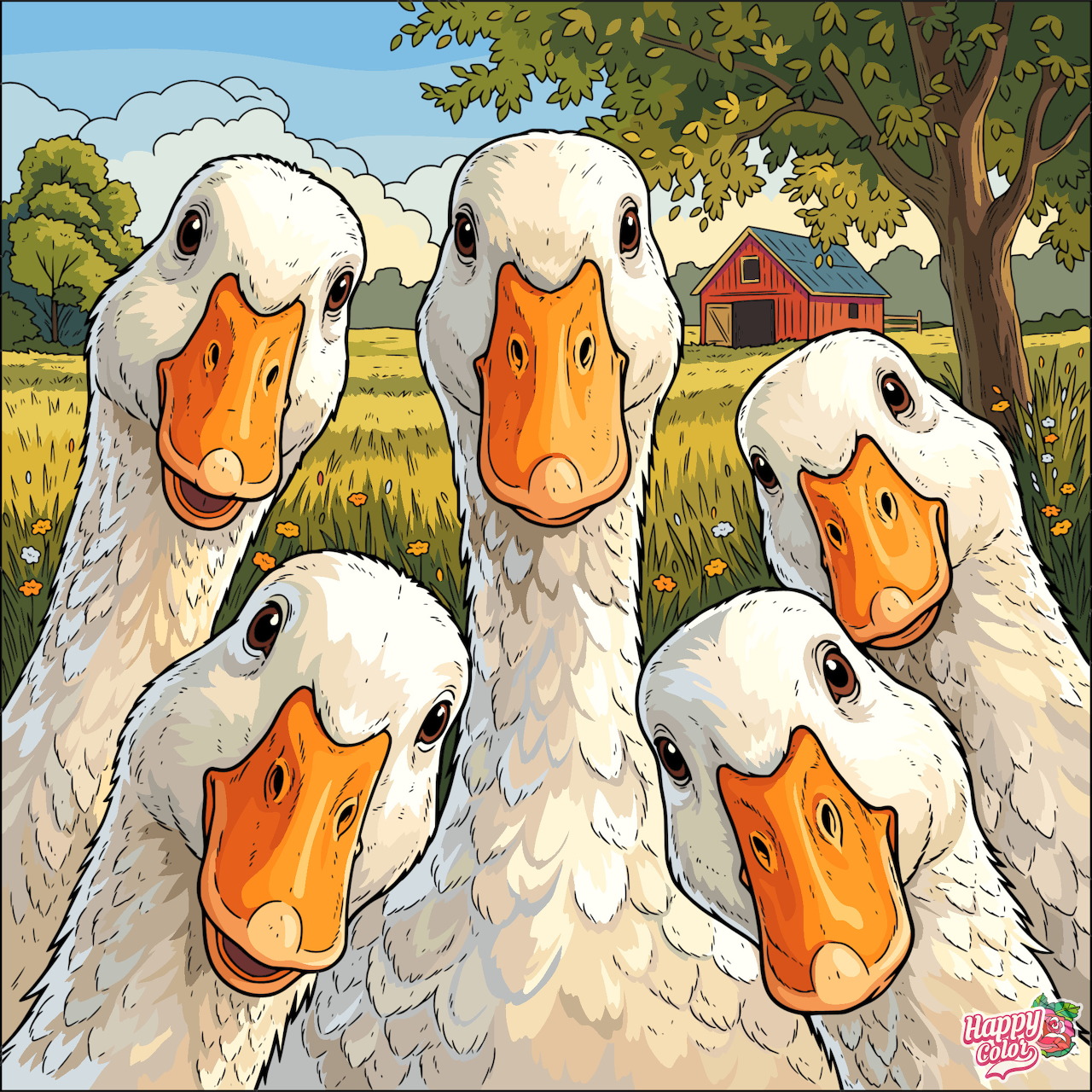 Cartoon of five white geese with orange beaks in a field near a red barn