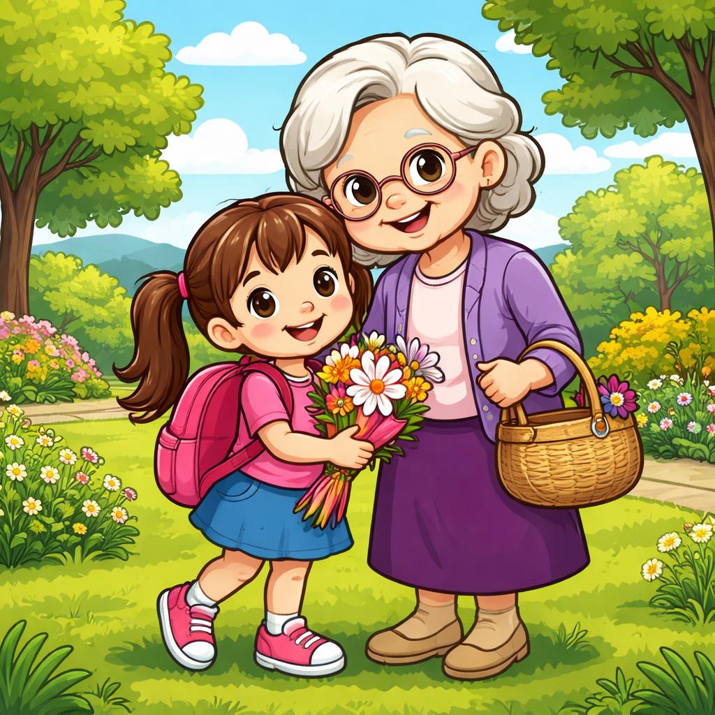 Cartoon girl in pink giving daisies to smiling grandmother in purple dress outdoors