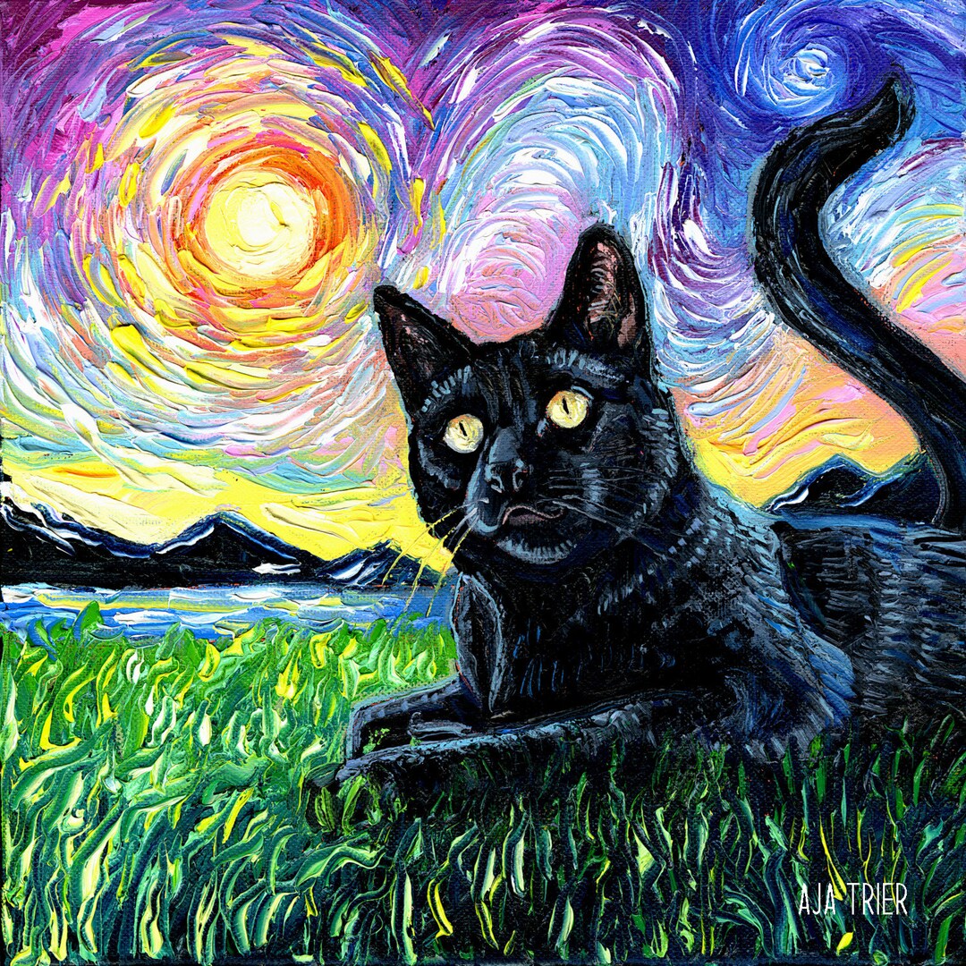 Black cat in grass beneath swirling colorful sky in impressionist painting style