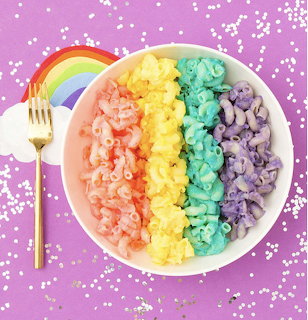 Rainbow colored pasta in red, orange, yellow, green, blue and purple rows on white plate with gold fork