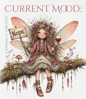 Whimsical fairy illustration with butterfly wings holding wine glass and nope sign amid mushrooms and flowers