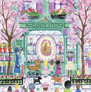 Illustrated Easter candy shop with cherry blossom trees, shopers, and spring decorations