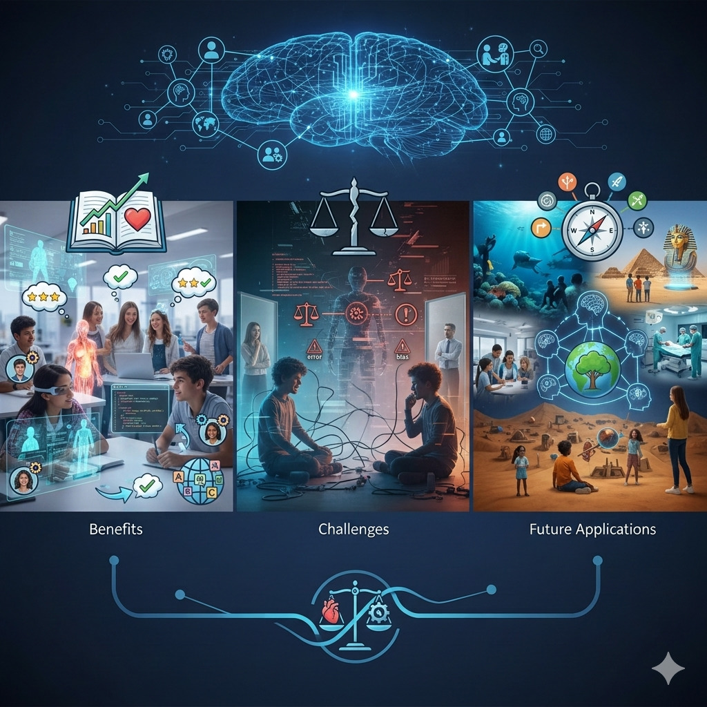 Illustration collage of AI benefits, challenges, and future applications under a glowing digital brain