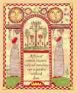 Pennsylvania Dutch folk art with two women, a flowering tree, sun motifs, and a garden quote