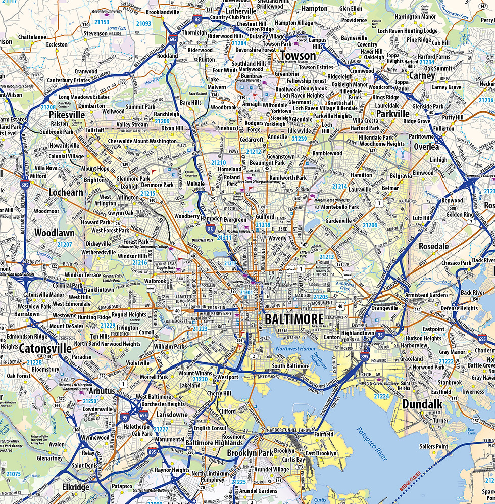 Road map of Baltimore, Maryland and nearby towns with highways, streets, and waterways
