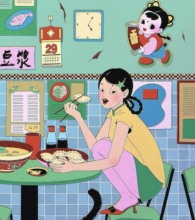 Woman preparing dumplings at kitchen counter in retro illustrated style with mint green walls and vintage decor