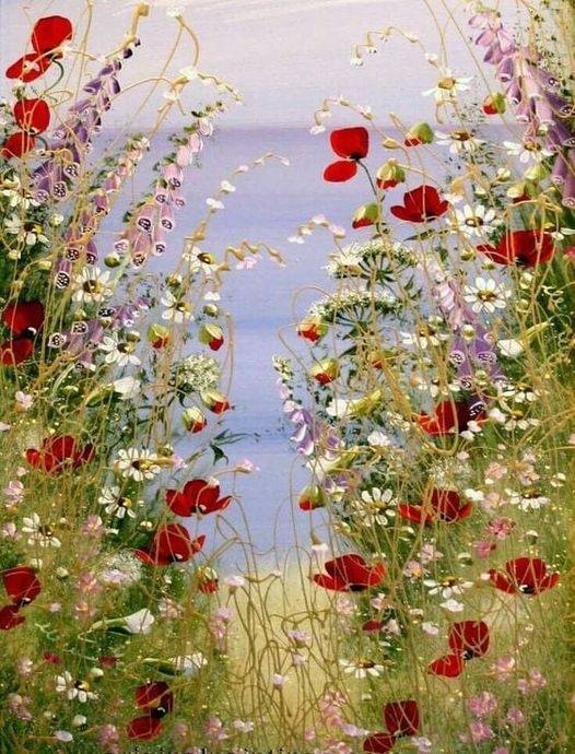 Painting of wild poppies, daisies and foxgloves in a meadow with a coastal sea view in the background.