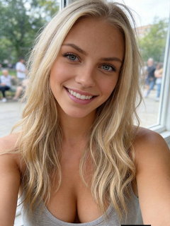 Smiling blonde woman with blue eyes wearing a grey tank top outdoors