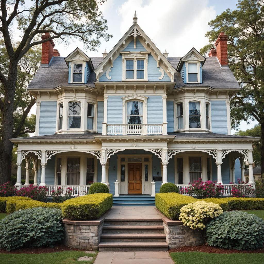 Light blue Victorian mansion with white trim, wrap-around porch, dormer windows, surrounded by landscaped garden