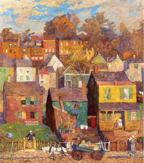 Textured painting of colorful hillside houses with trees and small figures