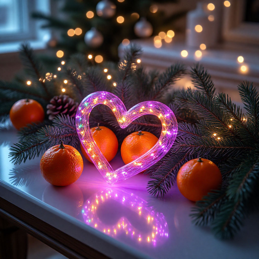Heart-shaped fairy lights with tangerines and fir branches on a windowsill