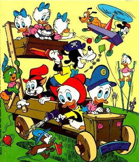 Classic Disney cartoon characters including Donald Duck, Pluto, and Goofy playing around a wooden wagon